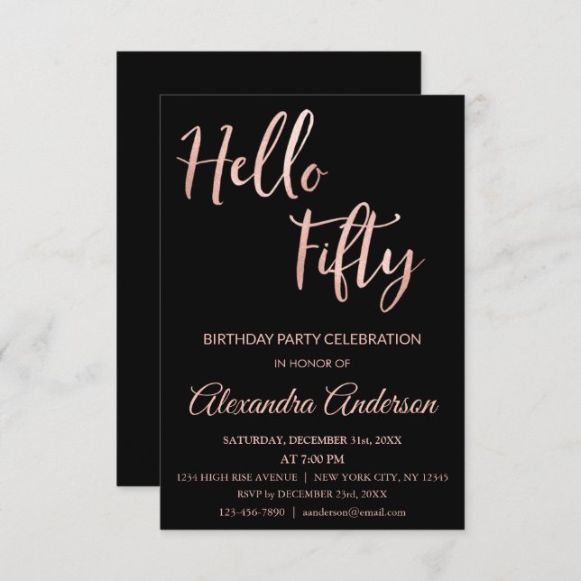 Rose Gold Foil Hello 50 Fiftieth Birthday Party Invitation (Front/Back)