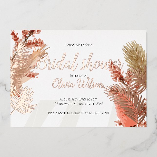 Rose gold foil leaves bridal shower invitation (Front)