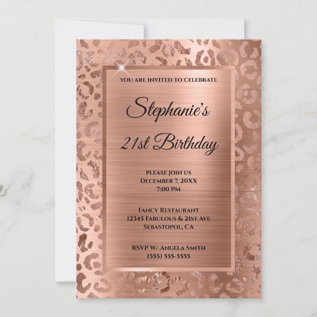 Rose Gold Foil Leopard Glam 21st Birthday Invitation (Front)