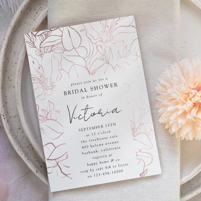 Rose Gold Foil Line Art Floral Bridal Shower Invitation (Creator Uploaded)