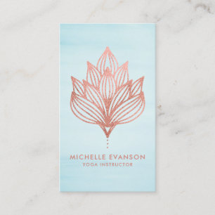 Rose Gold Foil Lotus Flower Blue Watercolor Business Card