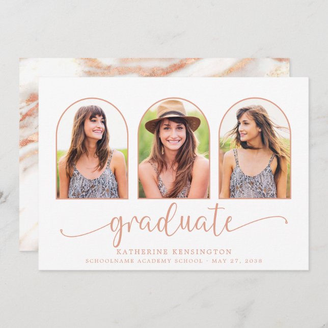 Rose Gold Foil Marble Arch 3 Photo Graduation Invitation (Front/Back)