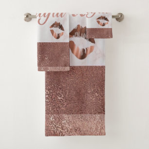 Rose Gold Foil Marble Hello Beautiful Bath Towel Set