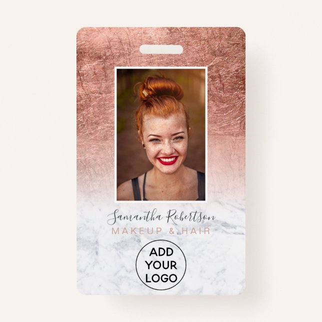 Rose gold foil marble logo employee photo pass ID badge (Front)