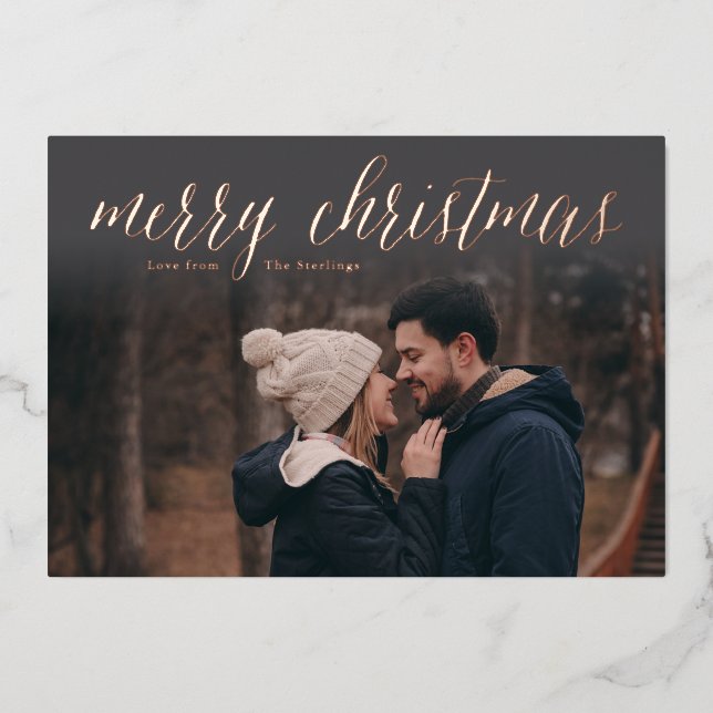 Rose Gold Foil Merry Christmas Photo Card Charcoal (Front)