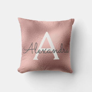 Rose Gold Foil Metal Monogram Name and Initial Cushion