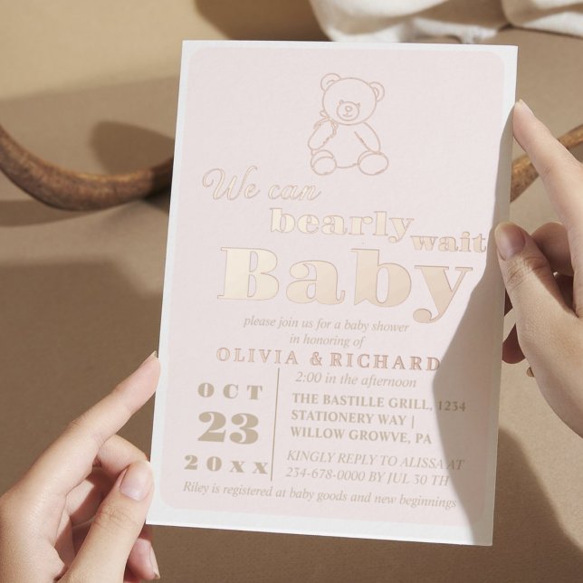 Rose Gold Foil Modern Bear Baby Shower Invitation (Creator Uploaded)
