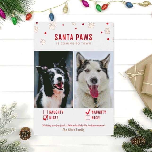 Rose Gold Foil Naughty or Nice Two Dog Photo Card (Creator Uploaded)