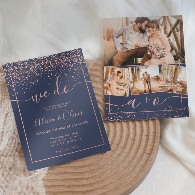 Rose gold foil navy blue photo initials wedding invitation (Creator Uploaded)
