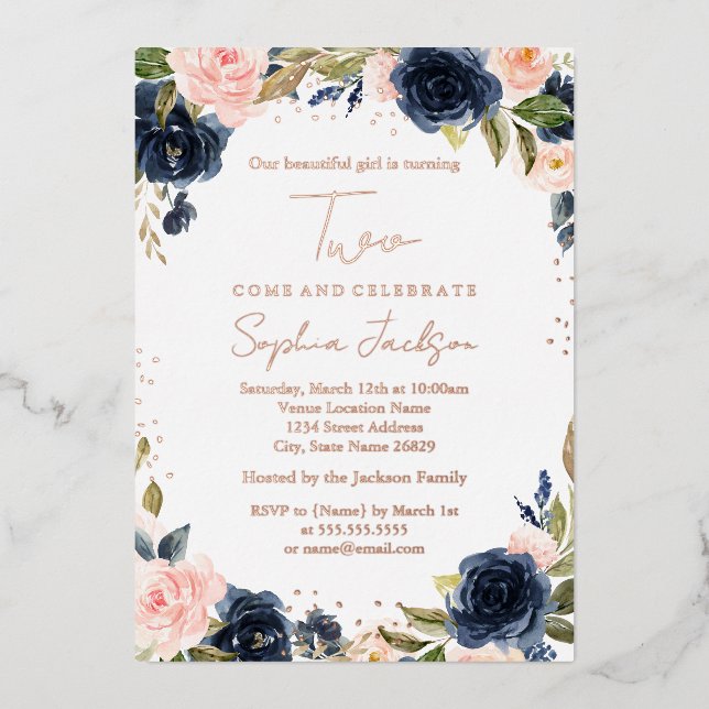 ROSE GOLD FOIL Navy Blush 2nd Girl Birthday  Foil  (Front)