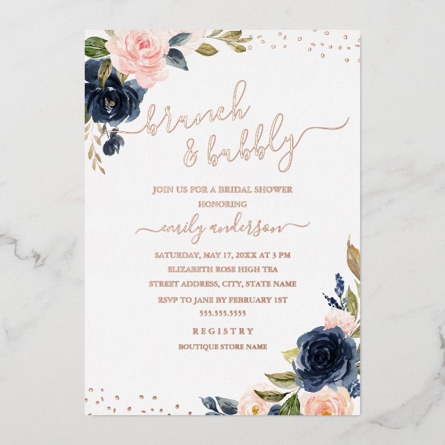 ROSE GOLD FOIL Navy Blush Floral Brunch And Bubbly (Front)
