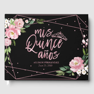 Rose Gold Foil Pink Black Floral Quinceanera Guest Book