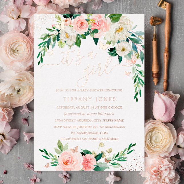 ROSE GOLD FOIL Pink Floral Baby Shower  (Creator Uploaded)