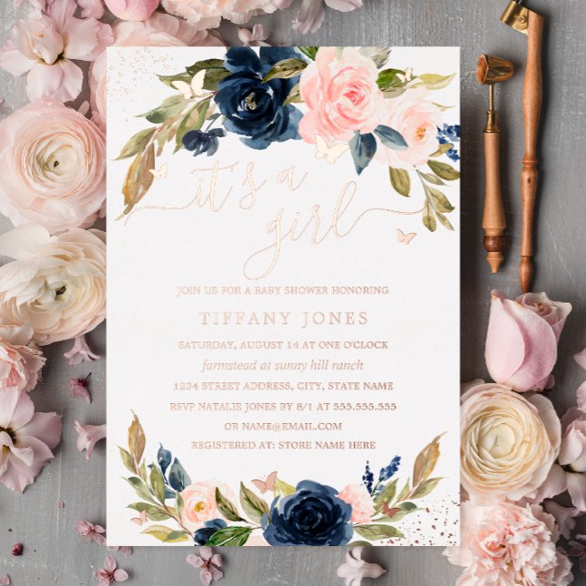 ROSE GOLD FOIL Pink Navy Floral Baby Shower  (Creator Uploaded)