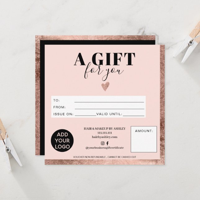 Rose gold foil pink square gift certificate logo (Front/Back In Situ)