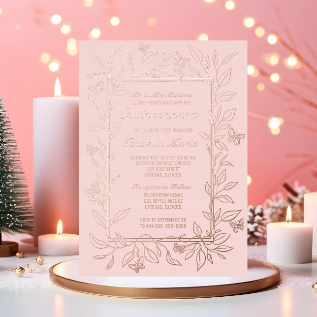 Rose Gold Foil Quinceañera Invitation Butterflies (Creator Uploaded)