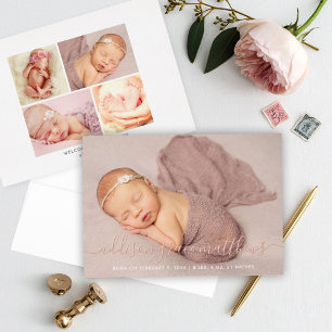 Rose Gold Foil Script Photo Collage Birth Announce