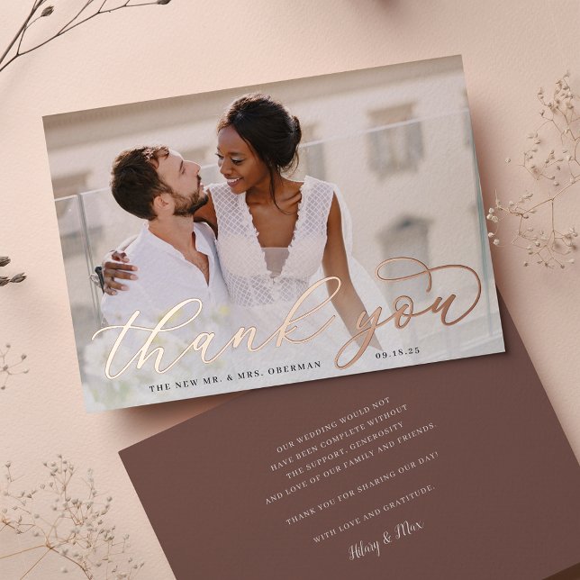 Rose Gold Foil Script Wedding Photo Thank You Card (Creator Uploaded)
