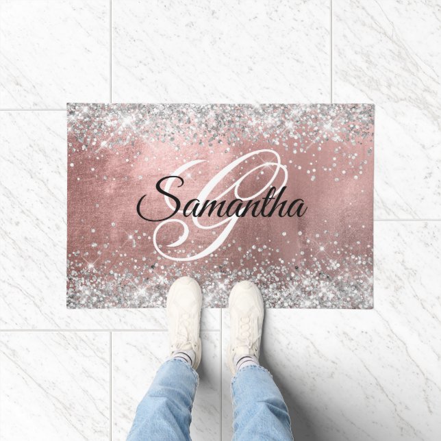 Rose Gold Foil Silver Glitter Fancy Monogrammed Doormat (Indoor)