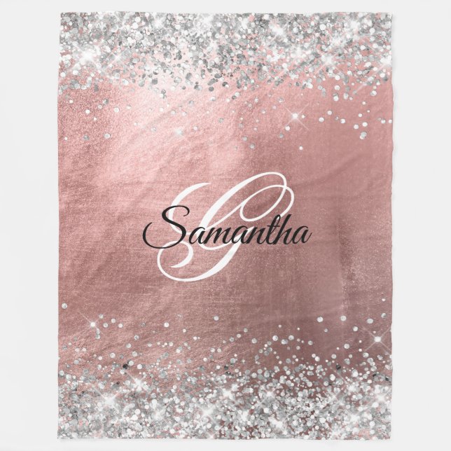 Rose Gold Foil Silver Glitter Fancy Monogrammed Fleece Blanket (Front)