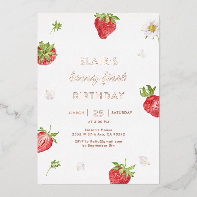 Rose Gold Foil Strawberry Berry First Birthday  (Front)