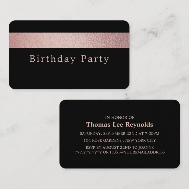 Rose Gold Foil Stripe, Black Birthday Party Ticket (Front/Back)