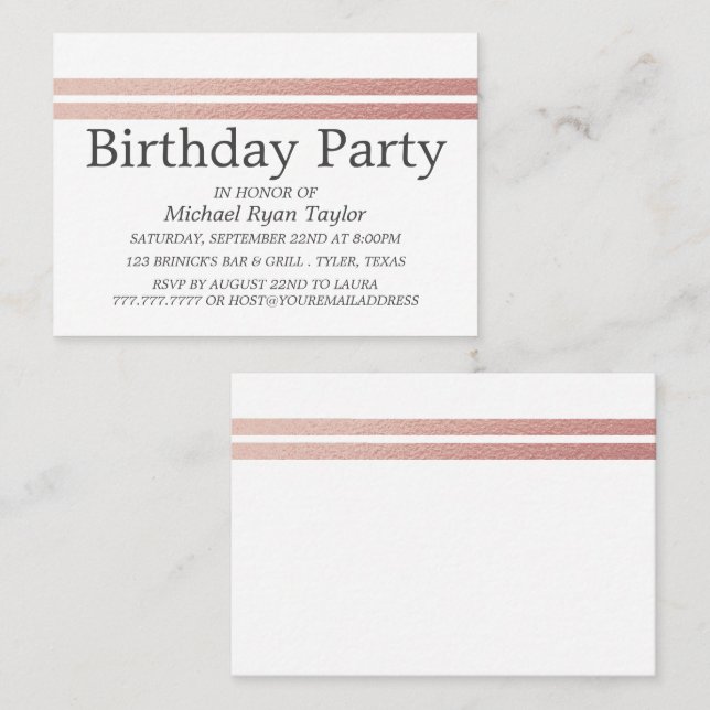 Rose Gold Foil Stripes Birthday Party Ticket (Front/Back)