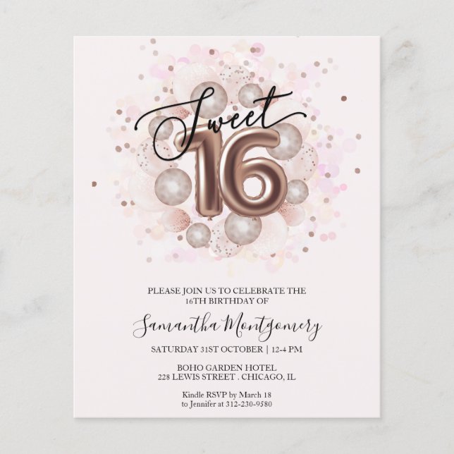 Rose Gold Foil Sweet 16 Balloons Budget Invitation (Front)