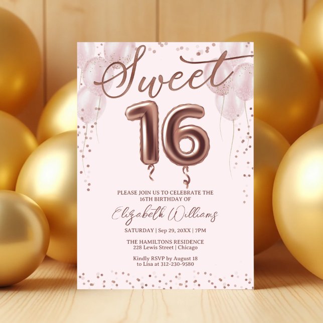 Rose Gold Foil Sweet 16 Birthday Balloons Pink Invitation (Creator Uploaded)