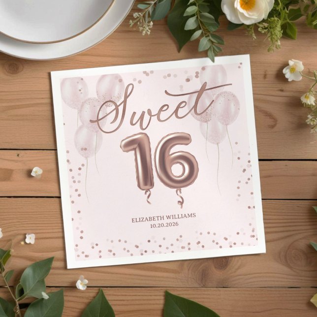 Rose Gold Foil Sweet 16 Birthday Balloons Pink Napkin (Creator Uploaded)