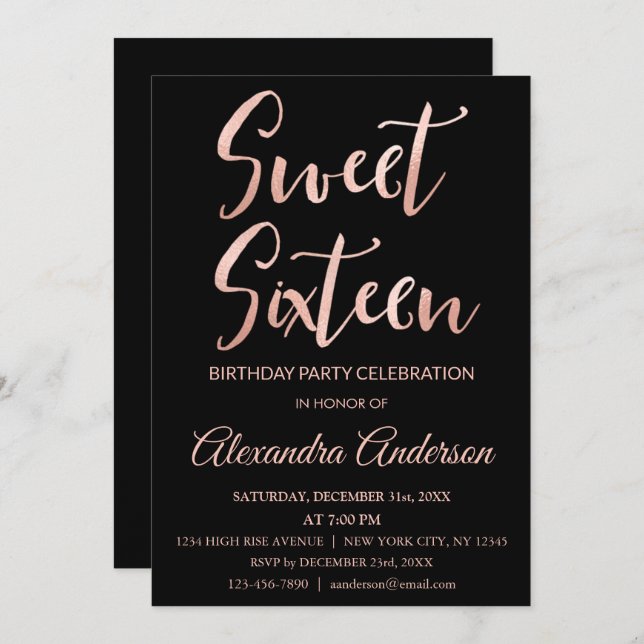 Rose Gold Foil Sweet 16 Sixteen Birthday Invitation (Front/Back)