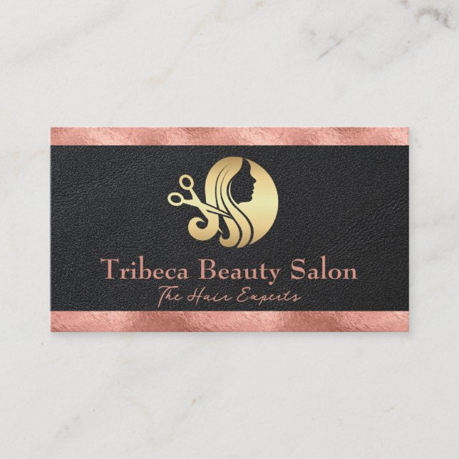 Rose Gold Foil Trim | Leather | Salon Logo Business Card (Front)