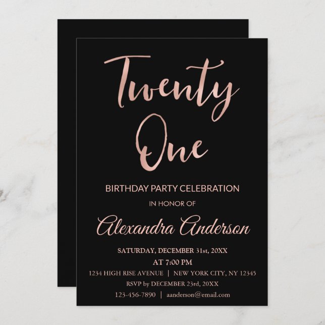 Rose Gold Foil Twenty One 21st Birthday Invitation (Front/Back)