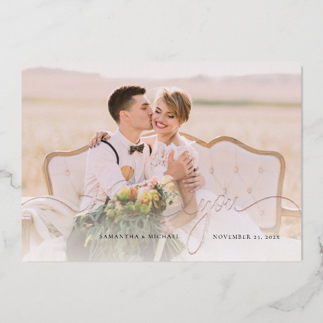Rose Gold Foil Wedding Photo Thank You Card (Front)