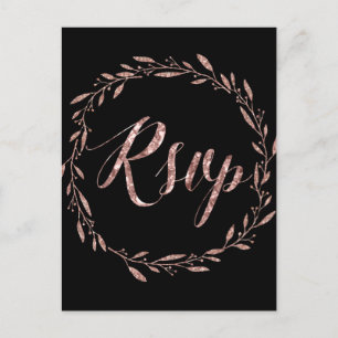Rose Gold Foil Wedding RSVP Postcards Wreath Black