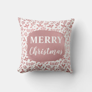 Rose Gold Foil & White Holly Winter Christmas Cushion