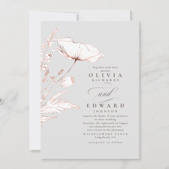 Rose Gold Foil Wildflowers Light Grey Wedding Invitation (Front)