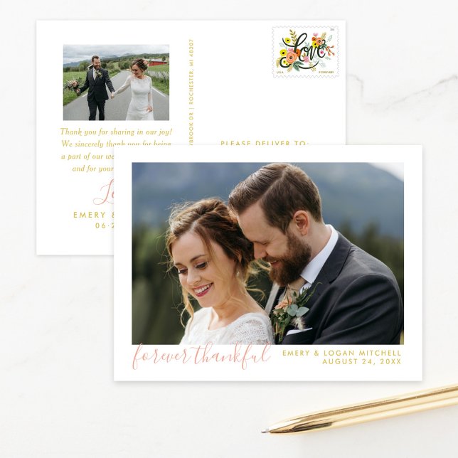 Rose Gold Forever Thankful Wedding Photo Thank You Postcard (Creator Uploaded)