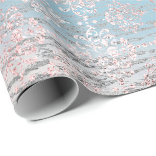 Rose Gold Foxier Damask Wood Pink Blue Grey Wrapping Paper