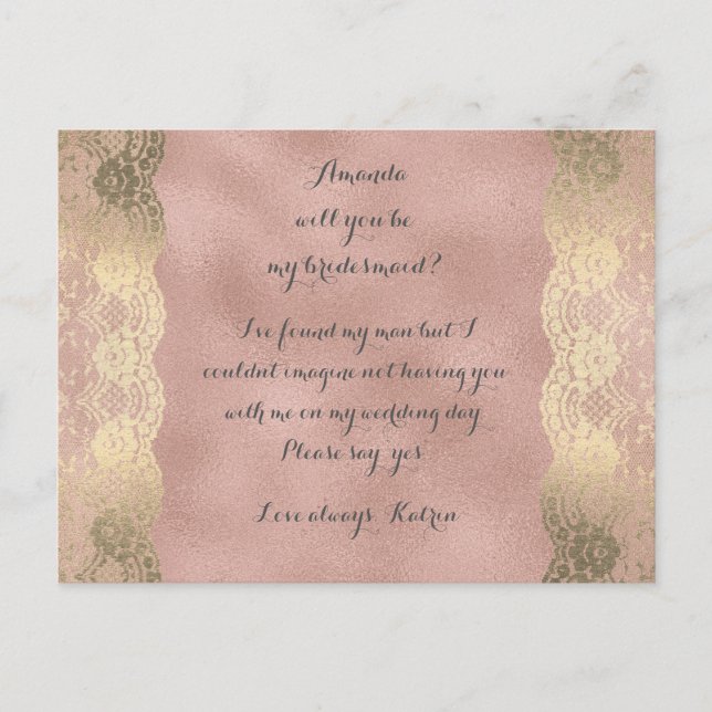 Rose Gold Foxier Lace  Will You Be My Bridesmaid Invitation Postcard (Front)