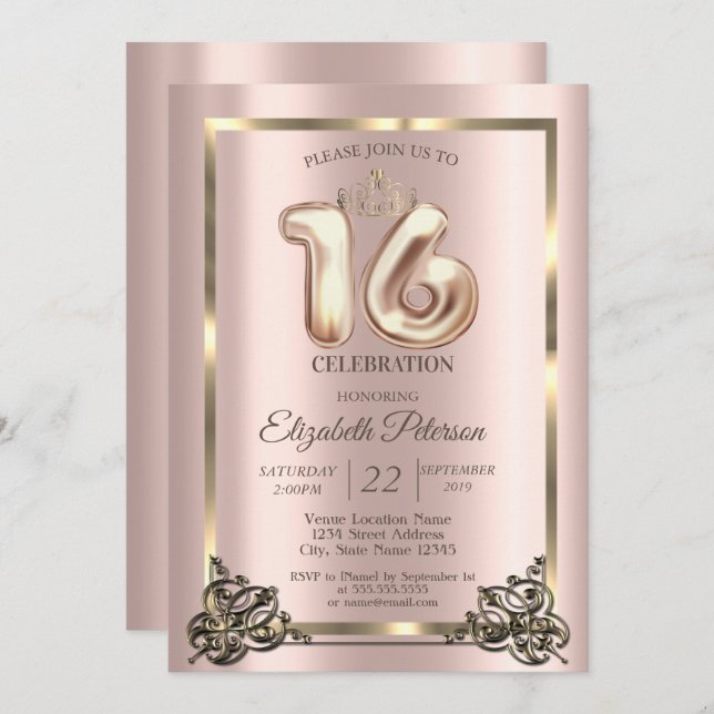 Rose Gold Frame,Border,Crown Sweet 16 Party Invita Invitation (Front/Back)