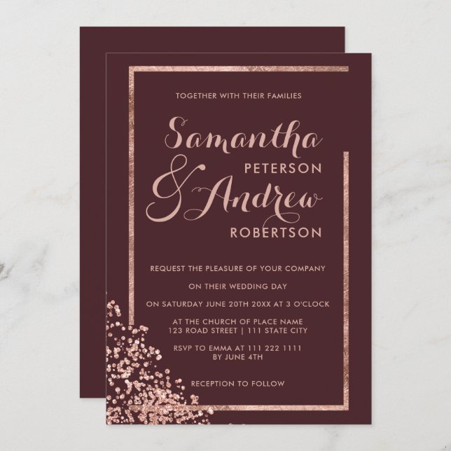 Rose gold frame burgundy confetti wedding invitation (Front/Back)