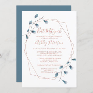 Rose gold frame watercolor chic blue Bat Mitzvah Invitation