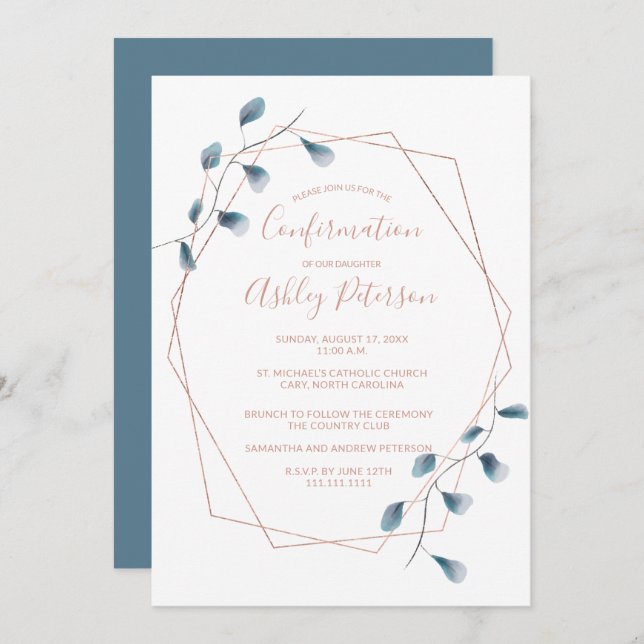Rose gold frame watercolor chic blue confirmation invitation (Front/Back)