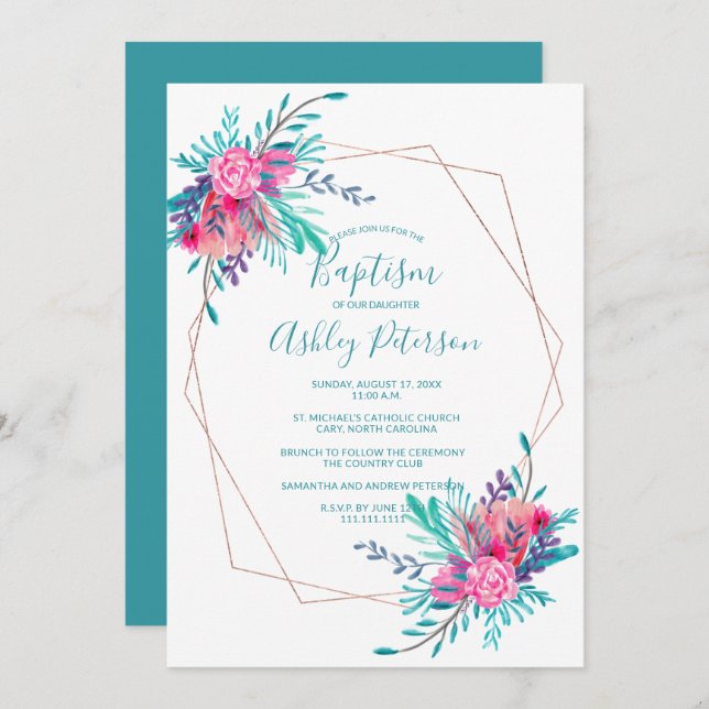 Rose gold frame watercolor floral baptism invitation (Front/Back)