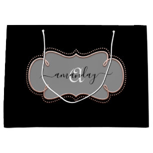 Rose Gold Framed Royal Monogram Name Black Large Gift Bag