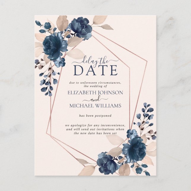 Rose Gold Geometric Blush Pink Navy Delay The Date Announcement Postcard (Front)