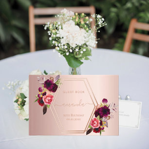 Rose gold geometric burgundy florals Birthday Guest Book