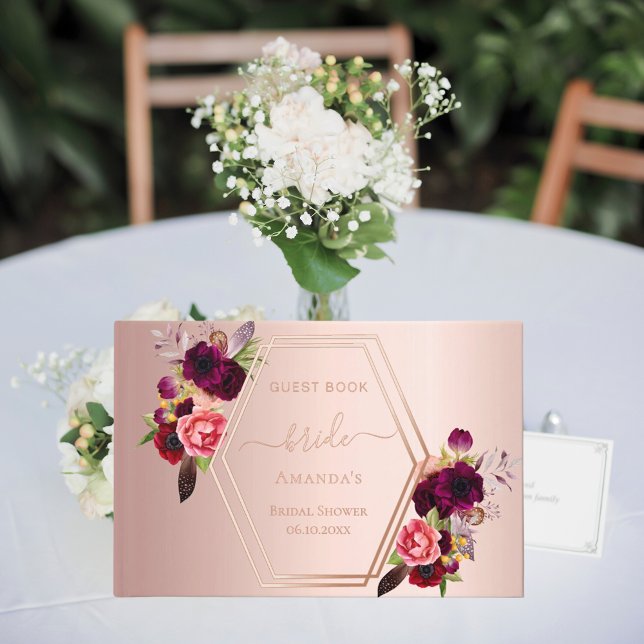 Rose gold geometric burgundy florals Bridal Shower Guest Book (Creator Uploaded)