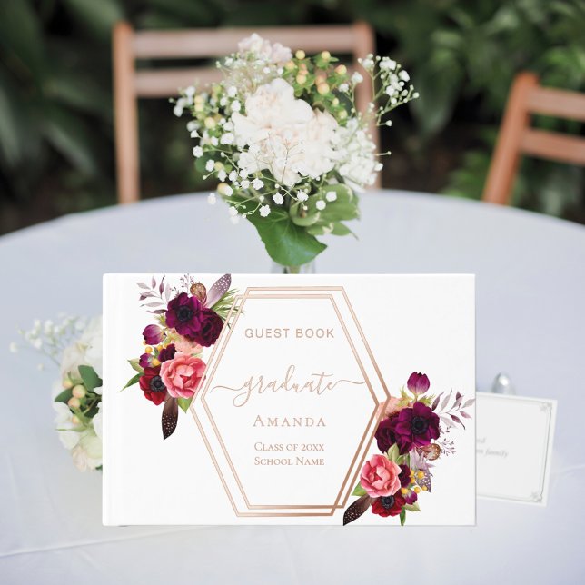 Rose gold geometric burgundy florals Graduation Guest Book (Creator Uploaded)